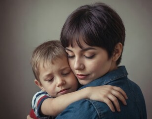 A young boy and a woman are hugging each other