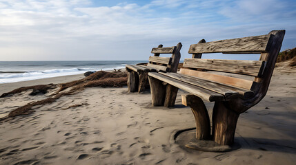Fototapeta na wymiar Wooden Benches at the Beach 