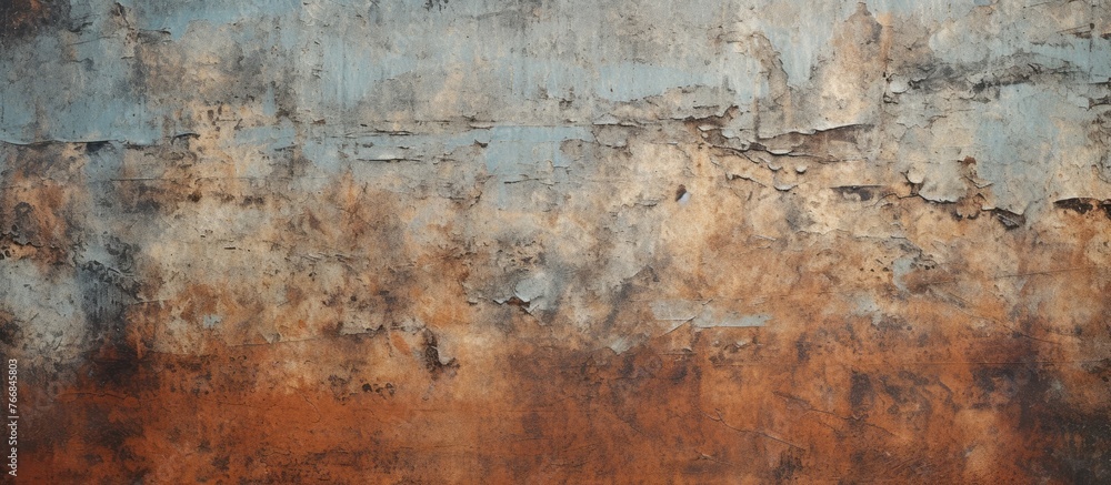 Poster close-up view of a weathered rusty wall against a backdrop of a vivid blue sky, creating a striking 