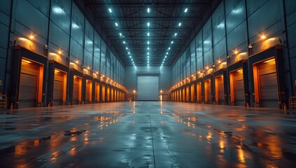 A spacious warehouse with multiple doors and bright electric blue lights. The composite flooring is a liquidresistant engineering marvel, adding to the symmetry of the building - obrazy, fototapety, plakaty