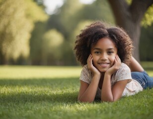 An african american young girl is laying on the grass with her hands on her face. She is smiling and she is enjoying herself