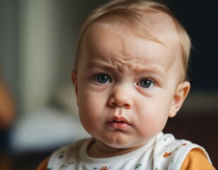 A baby with an angry face and a frowning expression. - 766846017