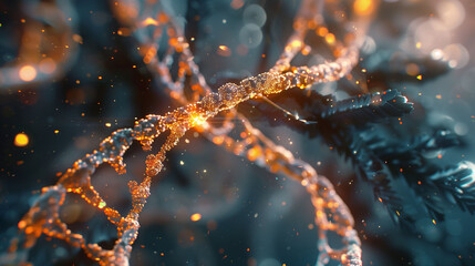 Glowing DNA Strand Close-Up - obrazy, fototapety, plakaty