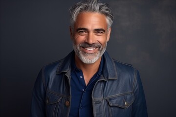 Portrait of a handsome middle-aged man in a leather jacket. - obrazy, fototapety, plakaty