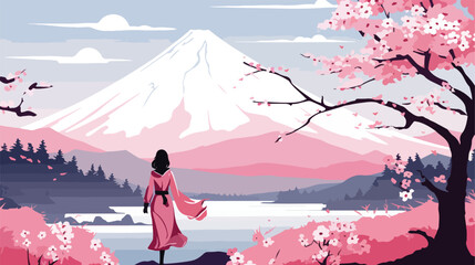 Vector image of woman near Sakura Blossom with Fuji 