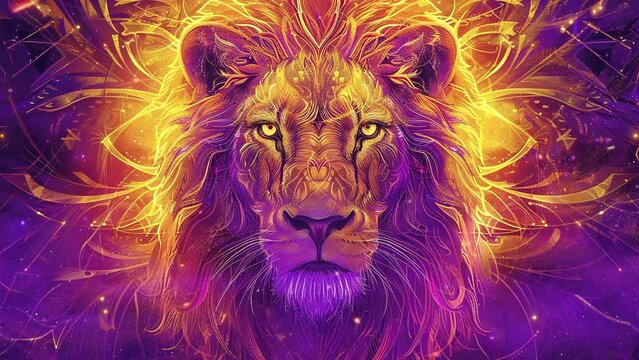 majestic lion with golden rays illustration. seamless looping overlay 4k virtual video animation background