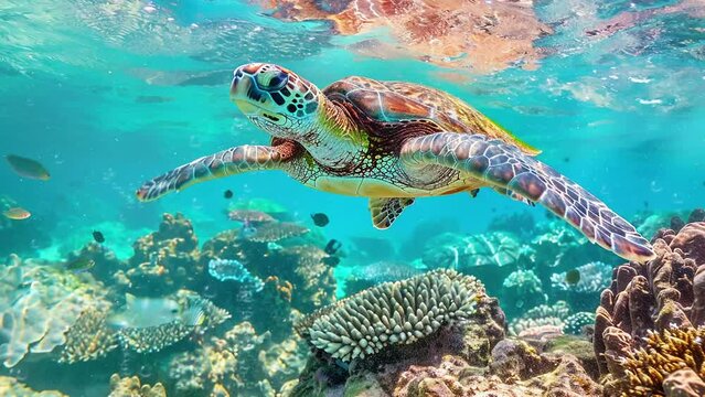 portrait of a serene sea turtle gliding gracefully. seamless looping overlay 4k virtual video animation background