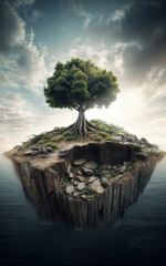 Tree on a small island in the middle of the sea.