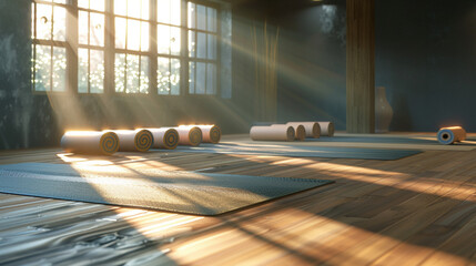 Serene Yoga Haven with Rolled Mats in Spacious, Well-lit Room - obrazy, fototapety, plakaty