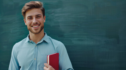 A smiling young man holds a red notebook against a chalkboard background.