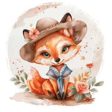 image of cute fox in a hat and clothes with flowers. round picture for printing on products, print with animals.