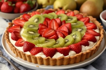 A large round strawberry tart with kiwi slices placed in an oval pattern on top of the strawberries. The crust is made from flour and sugar, while the cream cheese filling covers the entire thing