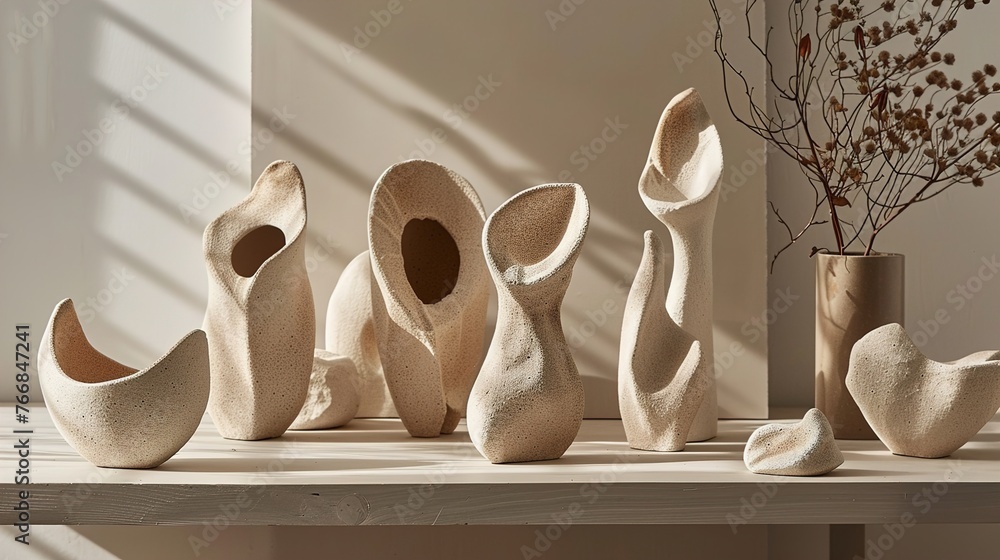 Poster a uhd capture of a set of handmade ceramic sculptures resembling abstract forms found in nature, the