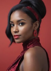 An african american dark skinned woman with red hair and red earrings. She is wearing a red necklace