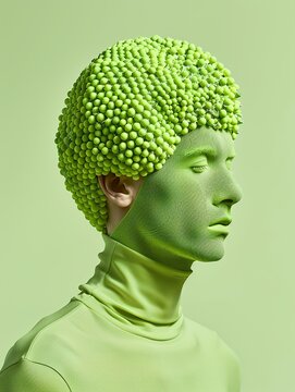 a man with face made of golfboll material, head and face looks like a golfball, short green grass on his head, Surrealistic fashion photography