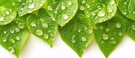  Green leaves with water droplets on a white background - perfect space for text