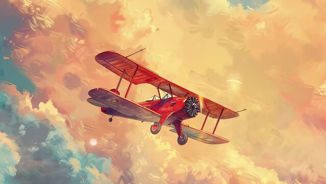 illustration of a vintage biplane soaring. seamless looping overlay 4k virtual video animation background