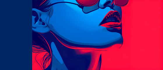 A woman with red lips and blue eyes wearing sunglasses, vibrant color, illustration