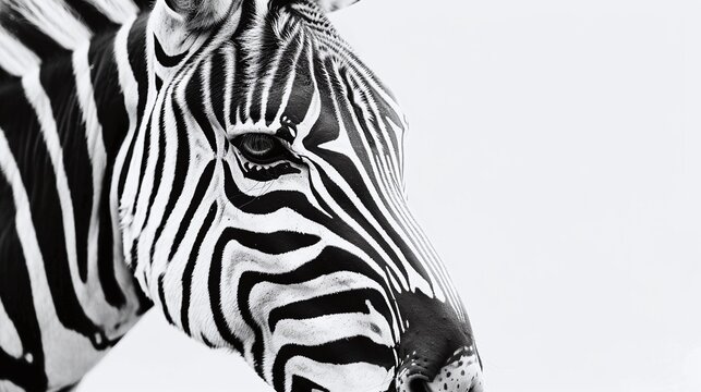 closeup portrait of a zebra isolated on a white background showcasing its exotic black and white pattern ideal for wildlife and nature photography in safari settings