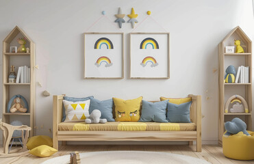 White wall in a children's room with wooden furniture, pastel yellow and blue decorations, bookshelves, toys and posters of rainbows hanging on the white walls
