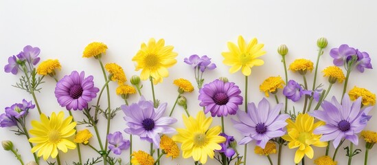 Arrangement of yellow and purple flowers against a white backdrop. Represents the spring and Easter themes. Flat lay perspective with a top view and space for text.