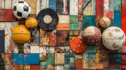 A collage of athletic spheres on wood, each ball a story of games played, with room left to pen your own - obrazy, fototapety, plakaty