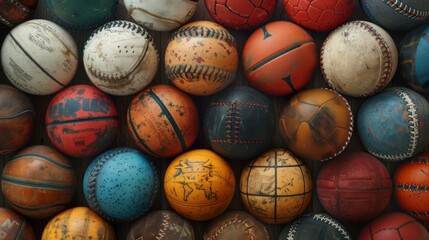 A collage of athletic spheres on wood, each ball a story of games played, with room left to pen...
