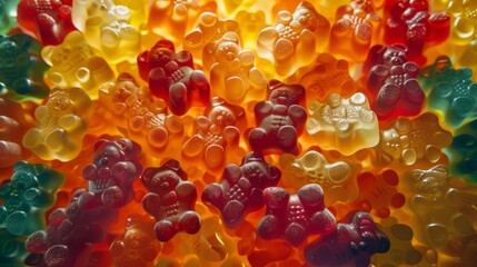 A kaleidoscope of gummy bears fills the frame, each color and shape more tempting than the last, in a candy close-up - obrazy, fototapety, plakaty