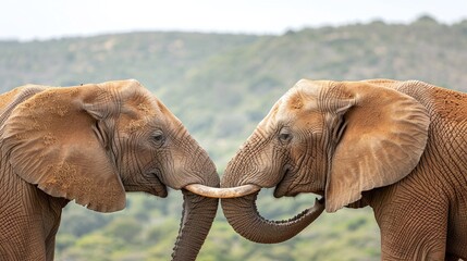 two elephants gently touching with their trunks displaying bonding and affection in a wild safari setting surrounded by nature and wildlife