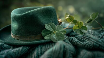 Celebrate in style with a themed photoshoot featuring a classic green hat and a rare four-leaf clover, embodying the spirit of St Patrick's Day - obrazy, fototapety, plakaty
