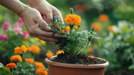 Fototapeta na wymiar Hands delicately planting marigolds in a terra cotta pot.