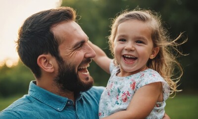 A man and a little girl are smiling and laughing together. The man is holding the girl, and they are both happy - 766848079