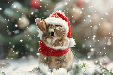 Fototapeta na wymiar A tiny bunny dressed as Santa Claus with a snowy Christmas tree background