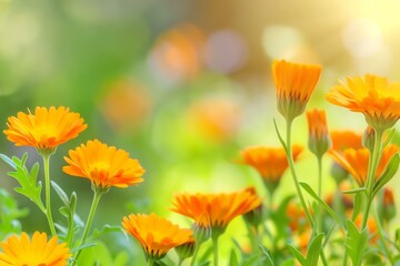 Beautiful Orange Marigold Flowers in a Green Field, With a Natural Background and Blurred Bokeh Light Effect