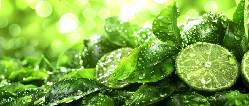   Close-up photo of vibrant green leaves with a halved lime and water droplets