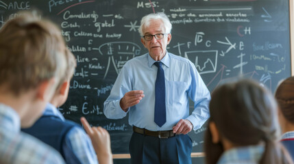 A seasoned educator discusses complex topics with students in front of a chalkboard filled with formulas.