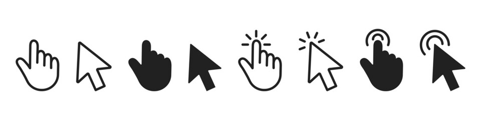 Computer mouse click cursor icons set. Cursor arrow and hand clicking.  Vector illustration.