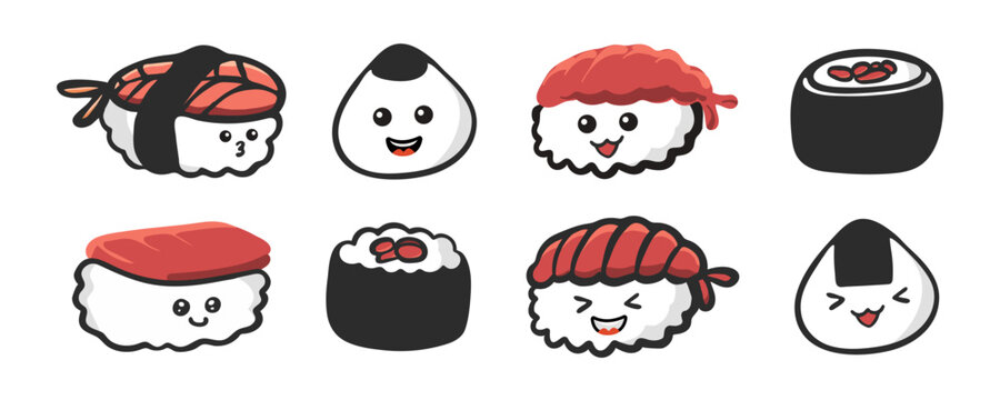 Sushi set. Cartoon japanese food. Emoji sushi characters. Vector illustration.