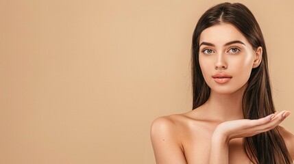 Obraz premium brunette spa girl with flawless skin portrait , showing open hand palm for product proposal