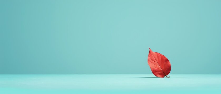   Red leaf on blue surface with light blue background