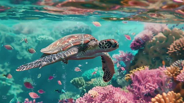 beautiful underwater coral reef with portrait of a serene sea turtle gliding gracefully. seamless looping overlay 4k virtual video animation background