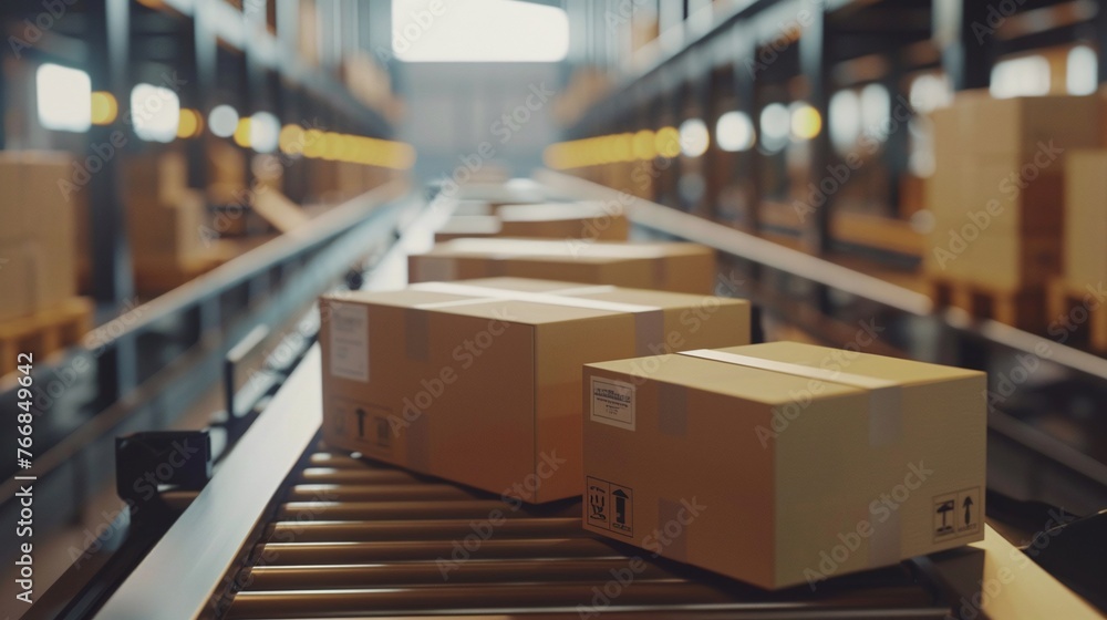 Poster cardboard boxes on a conveyor belt in a warehouse showing the automation process for efficient e-com