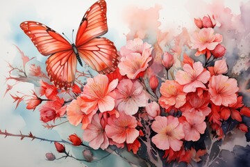 Watercolor of butterfly and flower using sponge on white background
