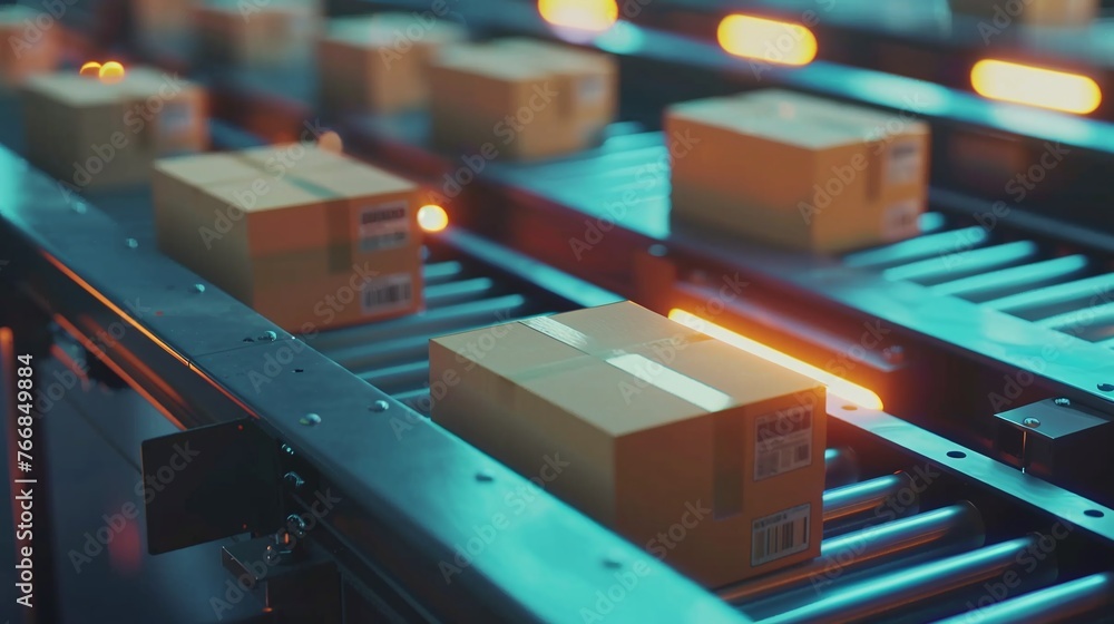 Poster detailed view of cardboard boxes on a conveyor belt in a warehouse fulfillment center highlighting t