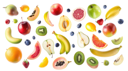 different falling fruits isolated on white
