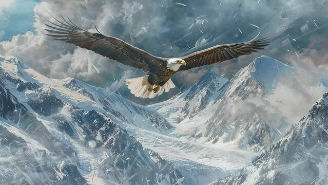  eagle fly over snowy mountains. artwork featuring a majestic bald eagle soaring. seamless looping overlay 4k virtual video animation background