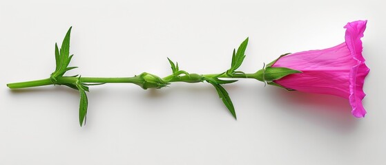 Fototapeta premium A stunning pink flower with vibrant green stems gracing its center on a pristine white surface against a crisp white background