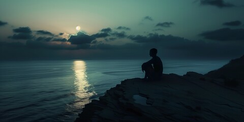 silhouette of a person sitting by the ocean and thinking at the sunset