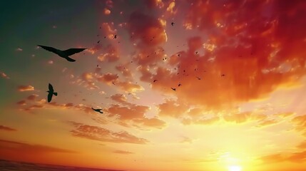 Obraz premium A dramatic sky painted in warm hues of golden hour with birds in flight, offering a sense of freedom and wild nature