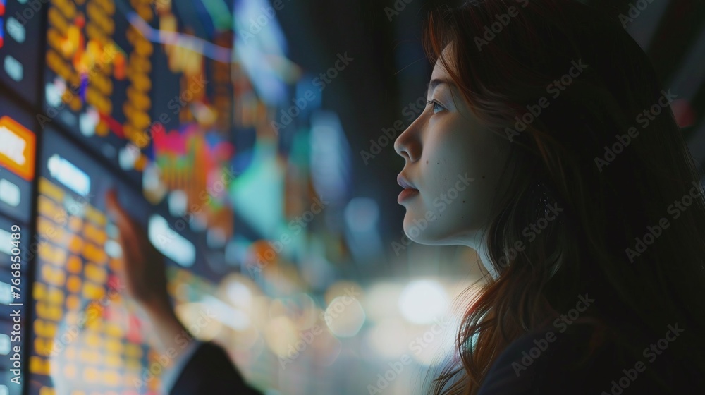 Poster financial analyst on screen analyzing market data highlighting business statistics and investment in